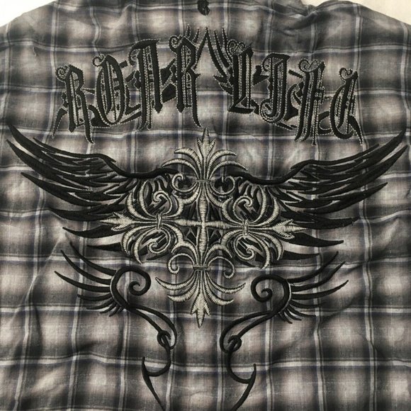 Roar Button Up Embroidered Long Sleeve Stiped Plaid Shirt Mens Medium Casual - Picture 11 of 12